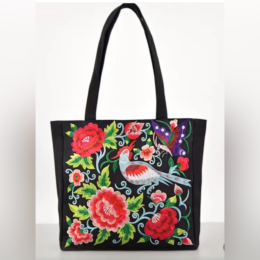 Tropical Embroidered Women’s Tote Bag with Zipper and Lining